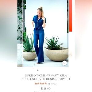 Sukiso Navy Short-Sleeve Denim Jumpsuit with Self-Tie Waist